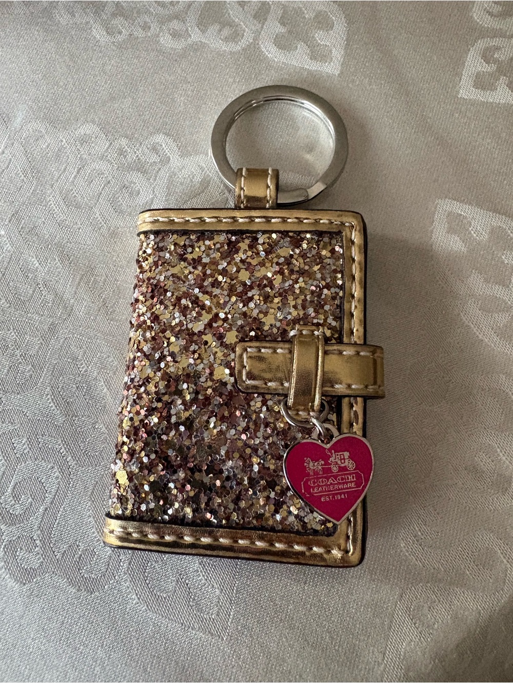 COACH Gold Heart Book Charm Keychain Sequin Leather Sparkle Mini Accessory